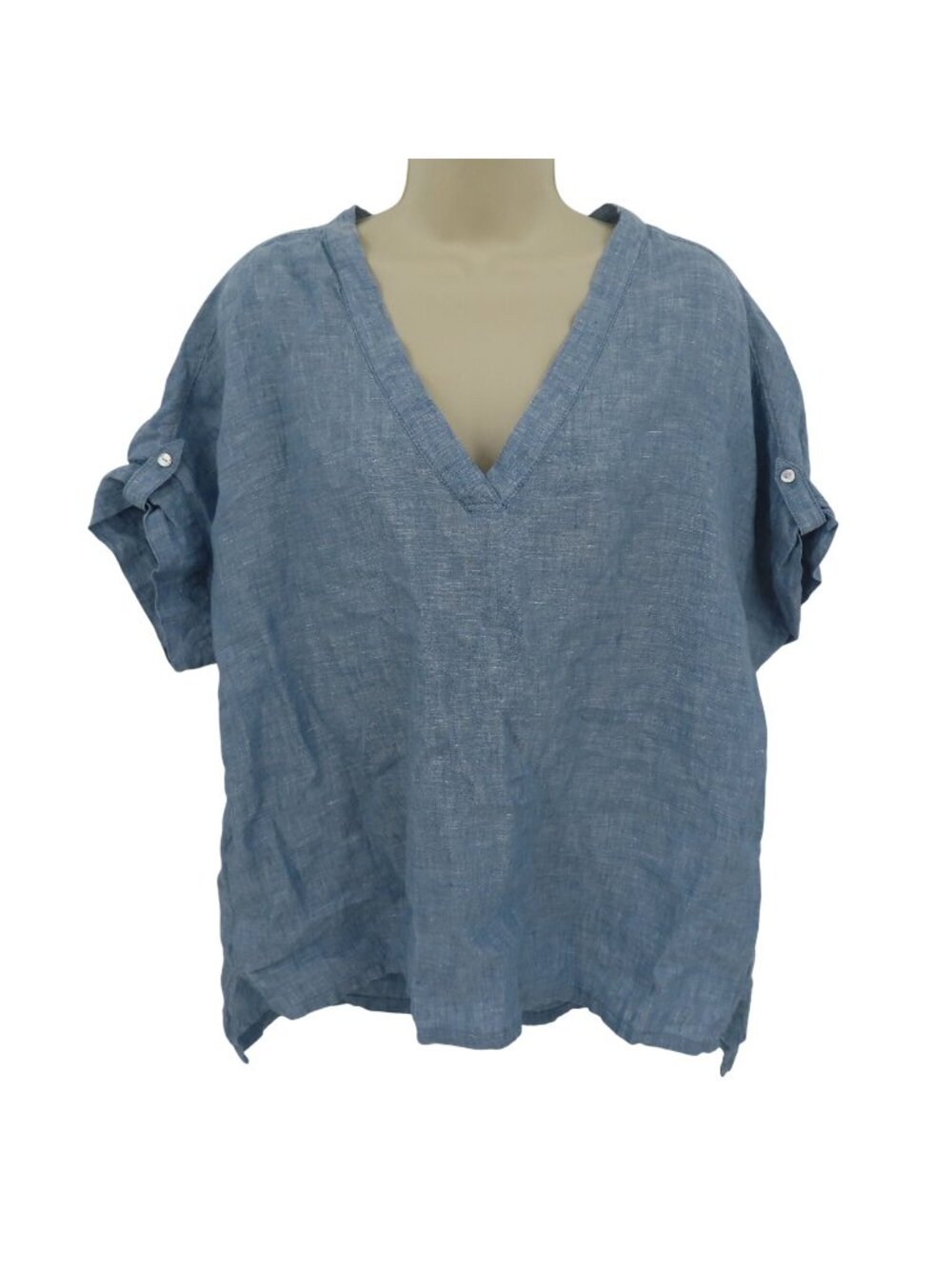 Isaac Mizrahi NY Women Large Blue White All Linen Lagenlook Blouse Shirt Top